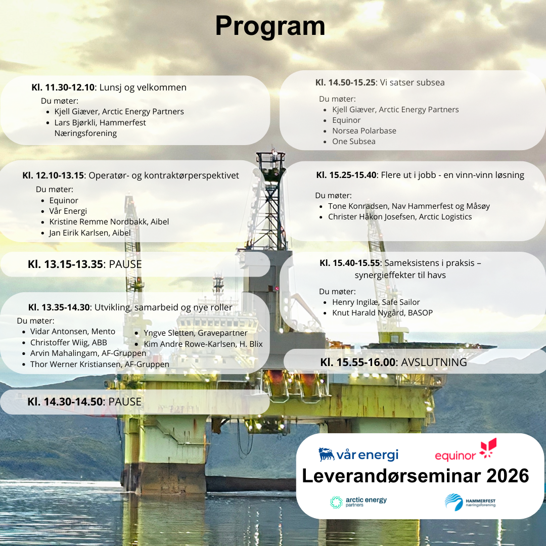 Program for Leverand&oslash;rseminar 2026, med tider, temaer og innledere.